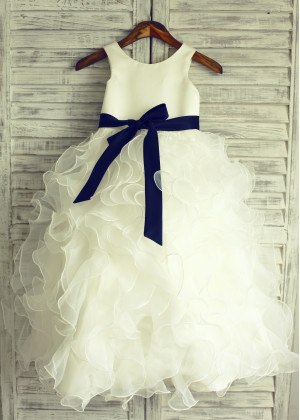 Ivory Satin Organza Ruffled Flower Girl Dress With Detachable Sash